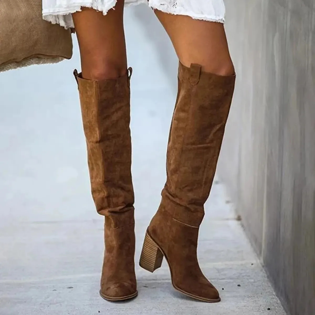 Womens Fashionable Casual Retro Long Knee Denim Square High Heels Boots Bottes Womens Botas De Mujer Atos 240911_vogvips.com