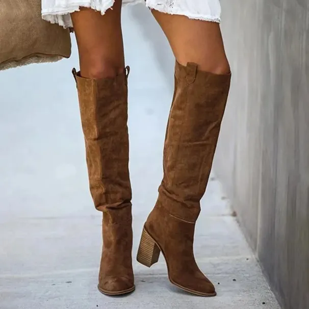 Womens Fashionable Casual Retro Long Knee Denim Square High Heels Boots Bottes Womens Botas De Mujer Atos 240911_vogvips.com