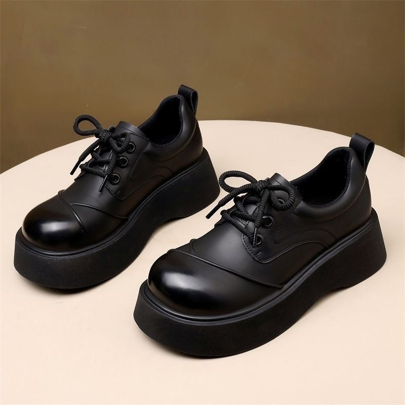 British Round Head Leather Shoes Platform-soled Heightened Lace-up Loafers Small Single Shoes_vogvips.com