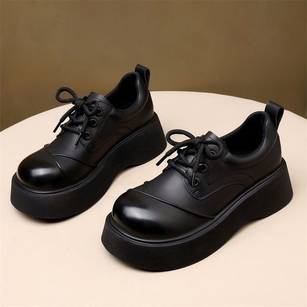 British Round Head Leather Shoes Platform-soled Heightened Lace-up Loafers Small Single Shoes_vogvips.com