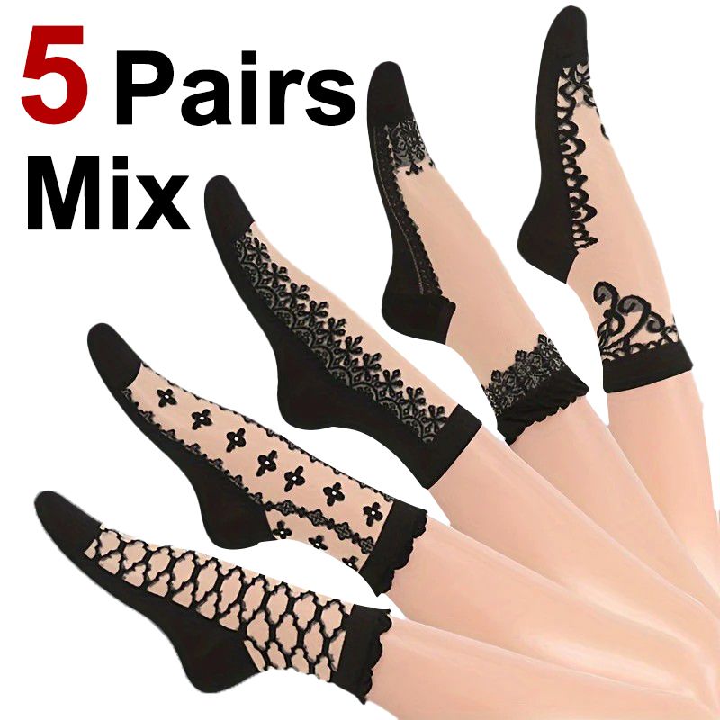 5/10 Pairs Women Lace Mid Tube Crystal Retro Floral Pattern Summer Lightweight Wear-Resistant Breathable Casual Socks_vogvips.com