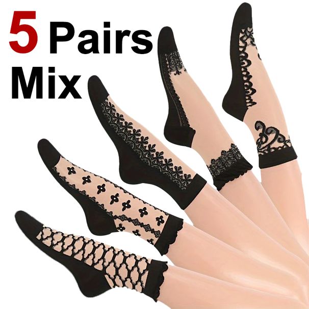 5/10 Pairs Women Lace Mid Tube Crystal Retro Floral Pattern Summer Lightweight Wear-Resistant Breathable Casual Socks_vogvips.com