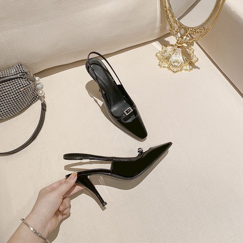 High Heels 2022 French Style New Versatile Summer Stiletto Patent Leather Black Work Sandals For Women_vogvips.com