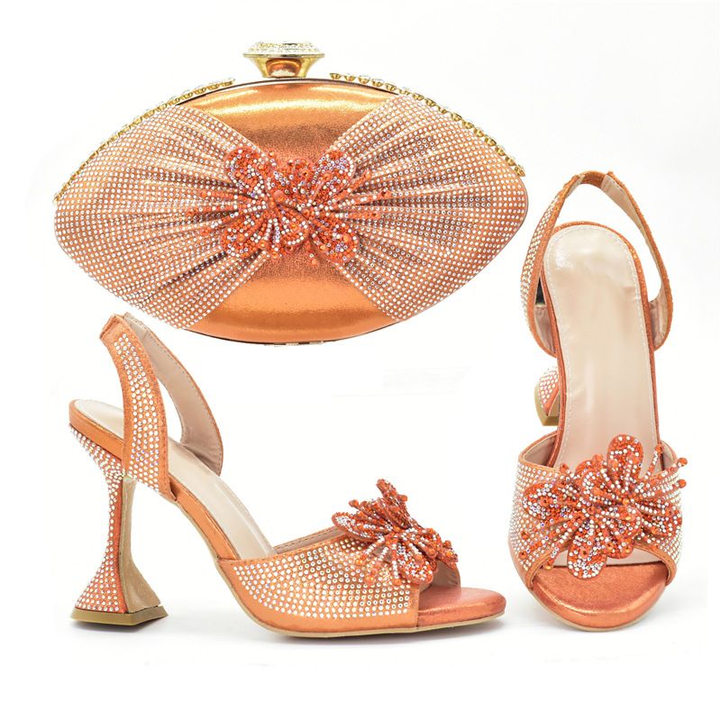 After Party Lace Elastic High Heeled Sandals With The Same Color Three Dimensional Decal Clutch Set_vogvips.com