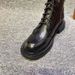 European Station Winter Martin Round Toe Carved Leather Flat Short Front Lace-up Low Heel British Style Fleece Lined_vogvips.com