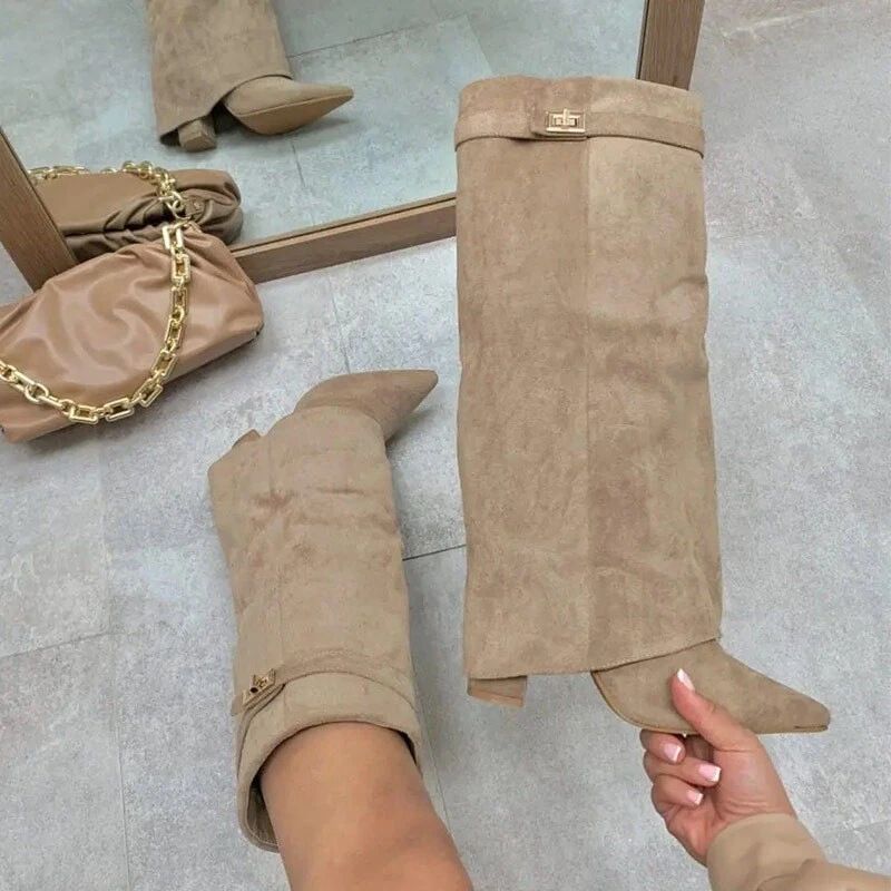 Women's Fashion Pointed Toe High Boots With Metal Buckles, Chunky Heel, Knee-High Winter Boots In PU Leather Chunky Heel, Trouser Leg Boots._vogvips.com