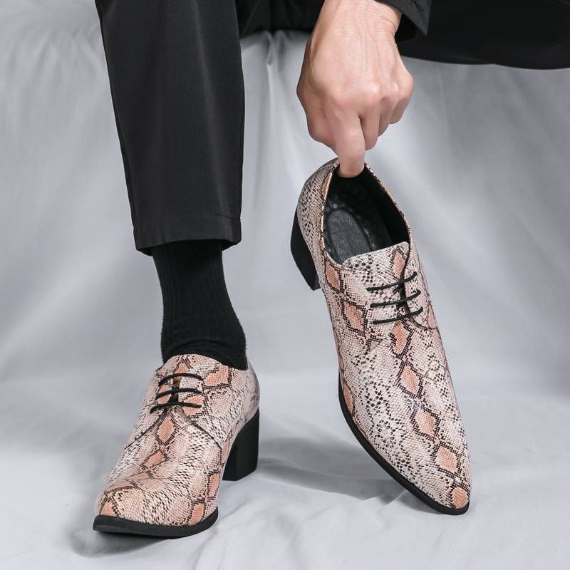 Fashionable Snake Pattern Heel Pointed Silver Business Leather Shoes For Men Casual Men's Shoes Nightclub Fashion Show Trend European And America_vogvips.com