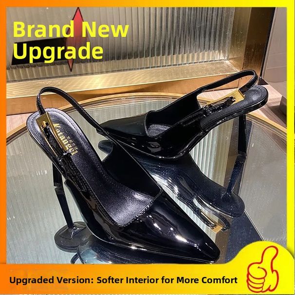 Spring Mini Gold Bar Sandals, Low Cut Square Toe, Patent Leather, Open Side Toe, High Heel, Metal Buckle, Pointed Toe, Fashionable Women's Shoes_vogvips.com