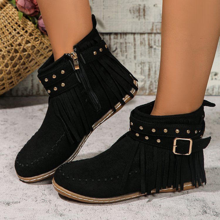 Large Size Rivet Fringe Metal Buckle Short Boots Autumn And Winter New Flat Warm Women's Boots_vogvips.com