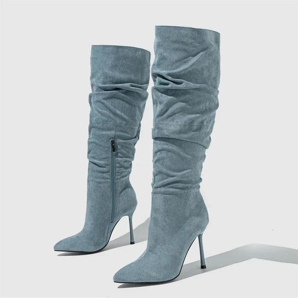 Eilyken Winter Pleated Denim Women Knee High Boots Fashion Pointed Toe Zipper Thin Heels Booties Shoes Zapatos Mujer_vogvips.com