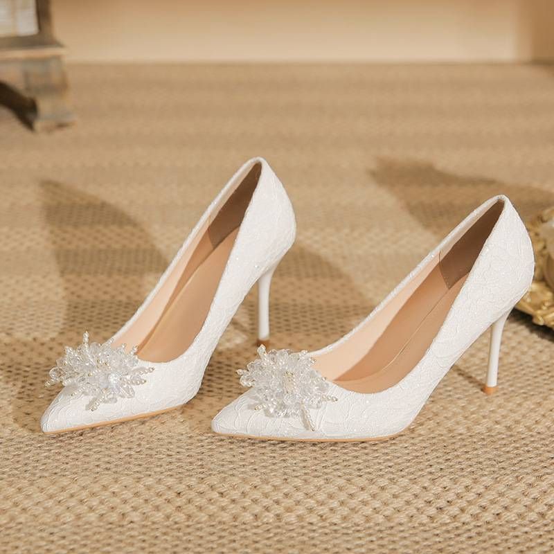 Women's Shoes 31 32 33 Small Size Elegant White Lace High Heels Pointed Toe Stiletto Wedding Shoes For Brides & Special Occasions_vogvips.com