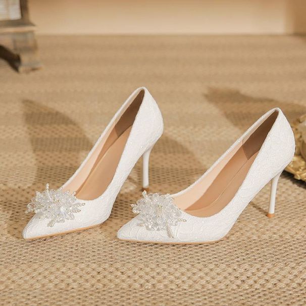 Women's Shoes 31 32 33 Small Size Elegant White Lace High Heels Pointed Toe Stiletto Wedding Shoes For Brides & Special Occasions_vogvips.com