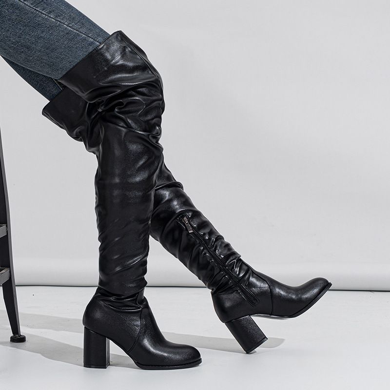 Elegant Stretch Over-The-Knee Boots – Slinky Satin Finish Chunky Heel Side-Zip Dress Boots For Women (Sizes 35-42)_vogvips.com