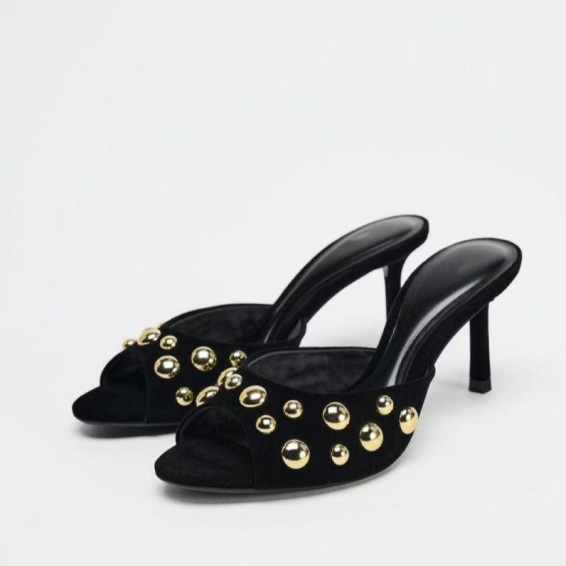 Summer New Arrival Women's Black Suede One Strap High Heel Sandals Rivet Embellished Backless Slip On Shoes_vogvips.com
