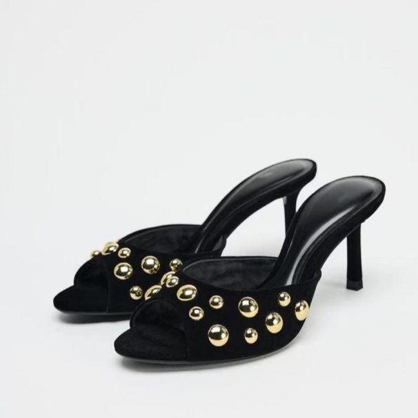 Summer New Arrival Women's Black Suede One Strap High Heel Sandals Rivet Embellished Backless Slip On Shoes_vogvips.com
