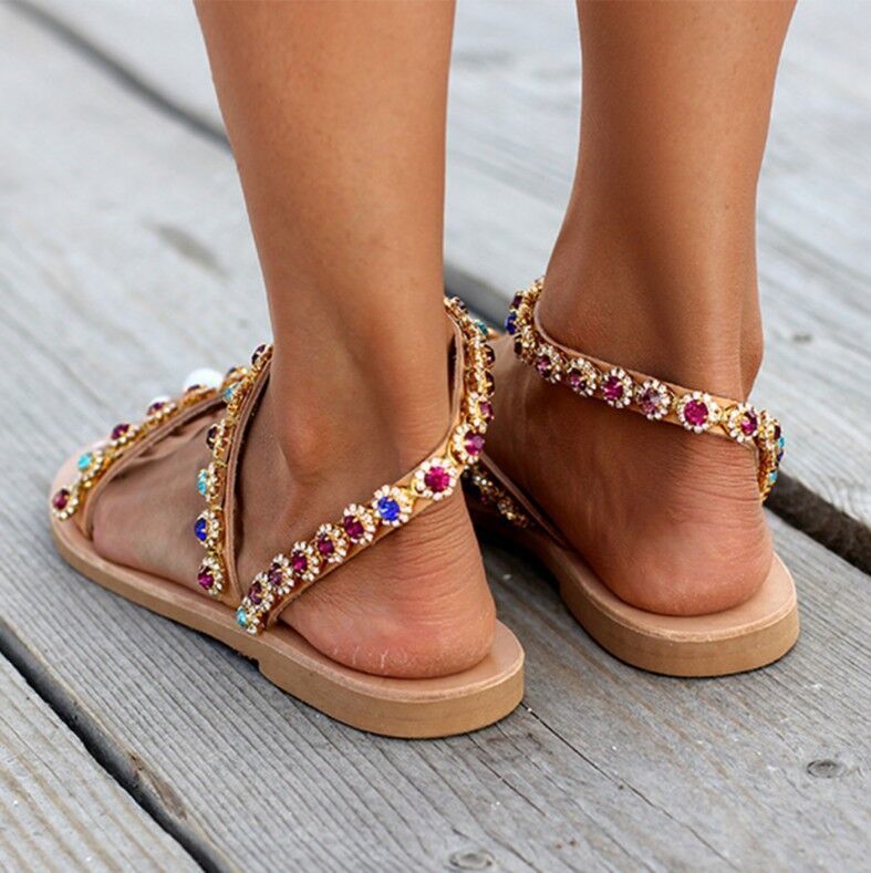 2026 New Summer Plus Flat Flower Toe-Loop Sandals European And American Style Rhinestone Beach Women's Size 43_vogvips.com