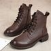 Top Layer Cowhide British Style Martin For Women, Round Toe, Lace-up, Genuine Leather, Low Tube, Winter Fleece-lined,_vogvips.com