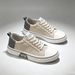 Men’s Beige Low-Top Canvas Sneakers, Lace-Up, White Thick Sole, Casual Street Walking Shoes_vogvips.com