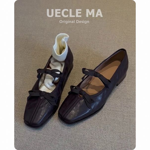 Sheepskin Genuine Leather French Ballet For Women Soft Sole With Dress Retro Mary Jane Bowknot Flat Shoes_vogvips.com