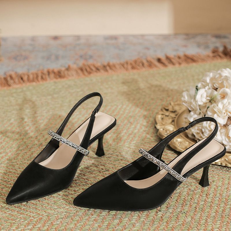 Black High-heeled With Thin Heels, Versatile Rhinestone Pointed Toe, Closed Back, Open Heel Sandals, 2026 New Women's_vogvips.com