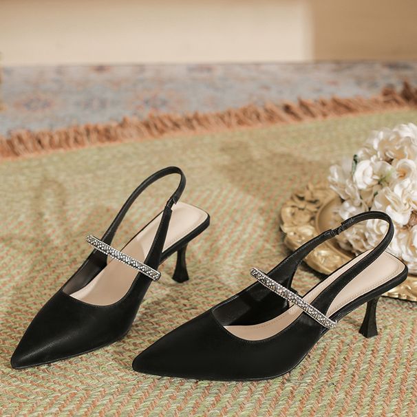 Black High-heeled With Thin Heels, Versatile Rhinestone Pointed Toe, Closed Back, Open Heel Sandals, 2026 New Women's_vogvips.com