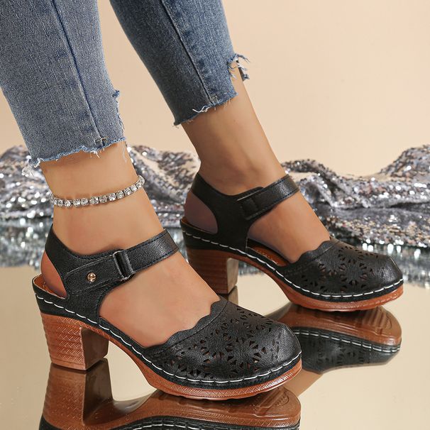 Women's Summer Sandals: New Chunky Heel, Single Strap, Plus Size, Hollow-out, High Heel, Clog Sandals_vogvips.com