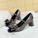 5298-H58 Mary Jane Women's Shoes Mid Thick Heel Shallow Mouth Square Splicing Toe With Bow Tie Single Shoe For Women_vogvips.com