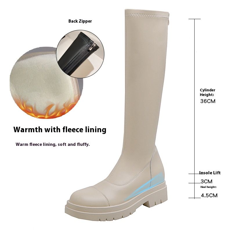 Women's Shoes Knee-High Boots With Hidden Wedge Heel, Stretchy Faux Leather Riding Boots For Autumn Winter, Slenderizing Round Toe Boots Side Zipper_vogvips.com