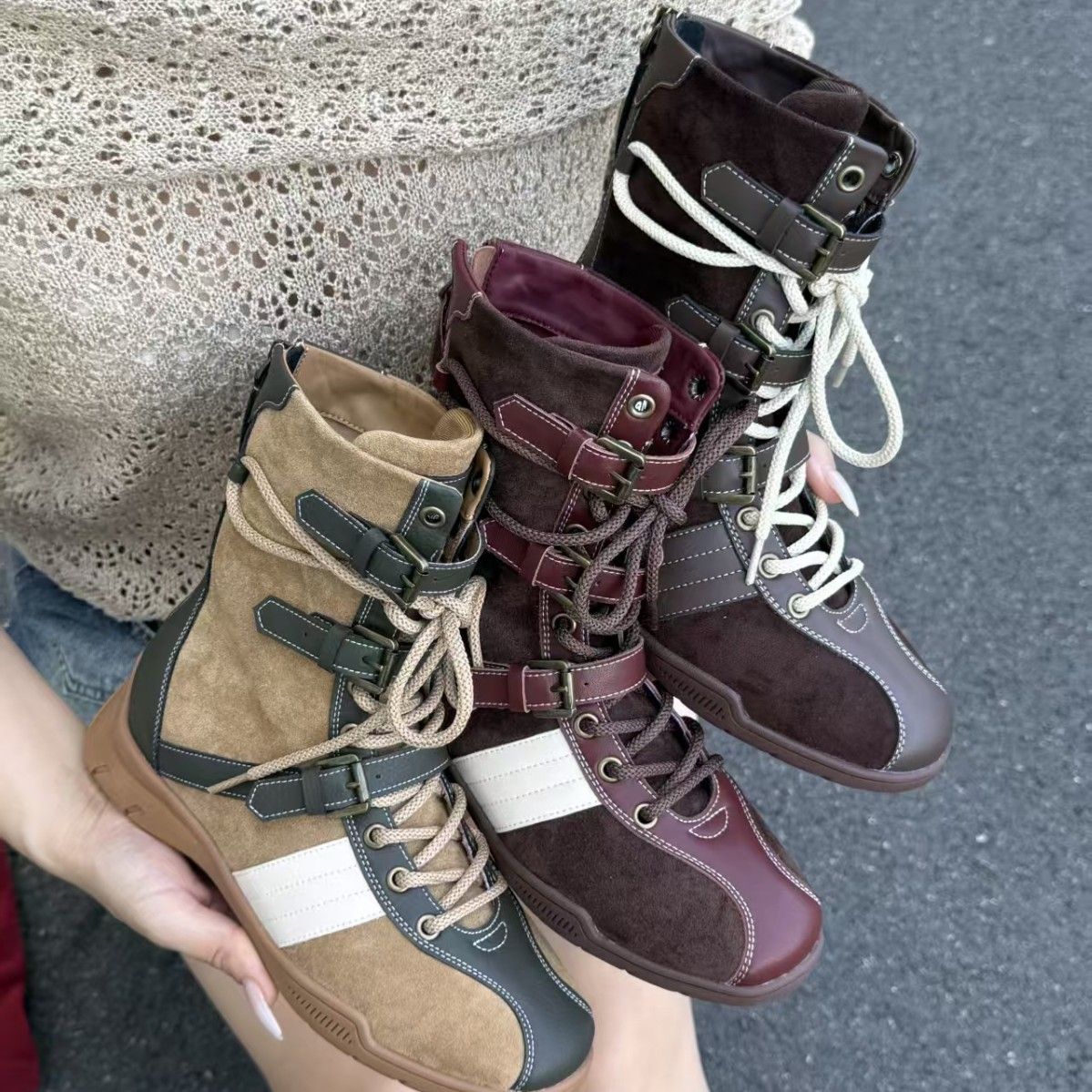 Women Boxing Boots Fashion Design Color Block Belt Buckle Boxing Women High Top German Training Shoes Casual Martin Boots Trendy_vogvips.com