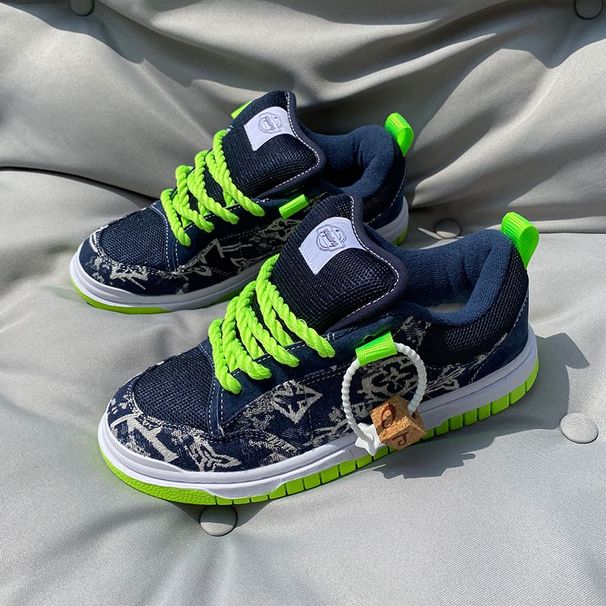 Trendy Niche Popular Navy Blue Printed Loafers, Unisex Thick-tongued Versatile Canvas Shoes, Casual Sneakers_vogvips.com