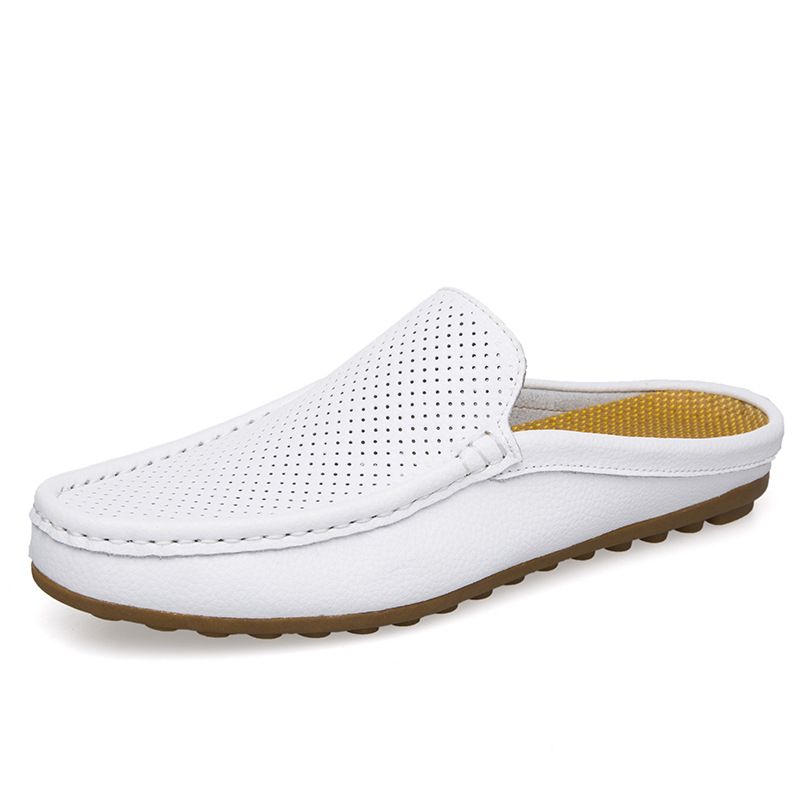 Cross-Border Plus Size Men's Half-Slip Leather Shoes Summer New Hollow Breathable Casual Versatile Handmade Loafers_vogvips.com