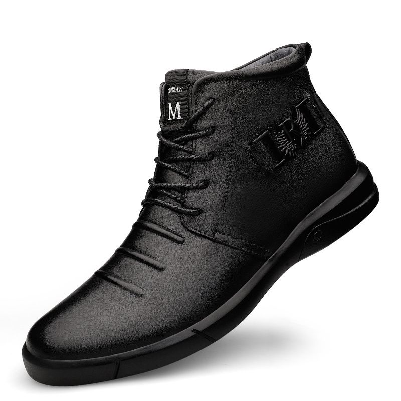 Sewing Line Flat Heel Casual Men's Black Martin Boots Front, Solid Color Shoes_vogvips.com