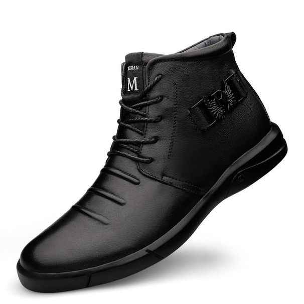 Sewing Line Flat Heel Casual Men's Black Martin Boots Front, Solid Color Shoes_vogvips.com