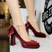9982-H78TP French Small Fragrant Style Square Toe Waterproof Platform High Heels With Butterfly Bow, Pearl Chain,_vogvips.com