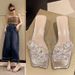 Women's Sexy Rhinestone Transparent Heel Mules - 3.5" Chunky Crystal Heel & Open Toe (Elegant Summer Sandals For Dresses)_vogvips.com