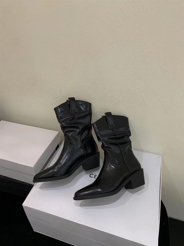 Alilovers Slimming Pointed Pleated Short For Women Spring And Autumn Single Western Chunky Heel Martin Boots_vogvips.com
