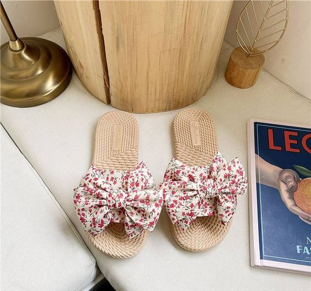 Summer Women's Flat Slippers Fashionable Bow Tie Trendy Beach Sandals Floral Style New_vogvips.com