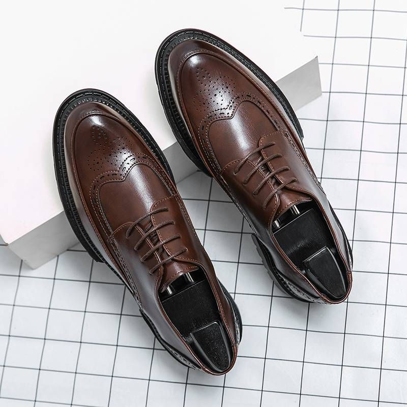 Men's Fashion Brown Brock Carved Men's Shoes Braided Blue Business Derby Shoes Lace-up Genuine Leather British Banquet Dress Wedding Leather_vogvips.com