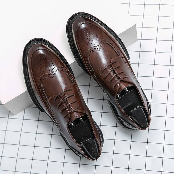 Men's Fashion Brown Brock Carved Men's Shoes Braided Blue Business Derby Shoes Lace-up Genuine Leather British Banquet Dress Wedding Leather_vogvips.com