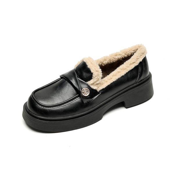 Platform Loafers Women's Velvet One-pedal Black Small Leather Shoes British Style Single Shoes Women's Autumn_vogvips.com