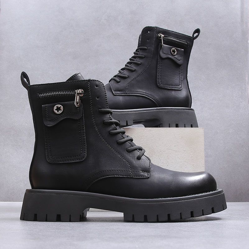 Men's Round Toe High Top Zippered Boots Yellow Genuine Leather Thick Soled Height Increasing British Style Workwear Motorcycle Boots_vogvips.com