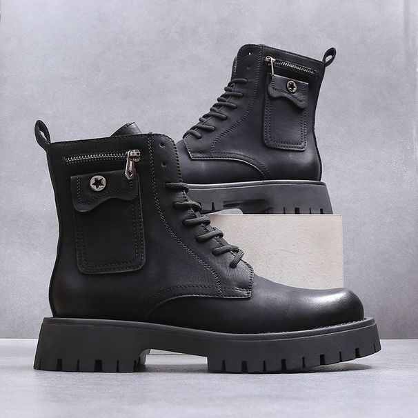 Men's Round Toe High Top Zippered Boots Yellow Genuine Leather Thick Soled Height Increasing British Style Workwear Motorcycle Boots_vogvips.com
