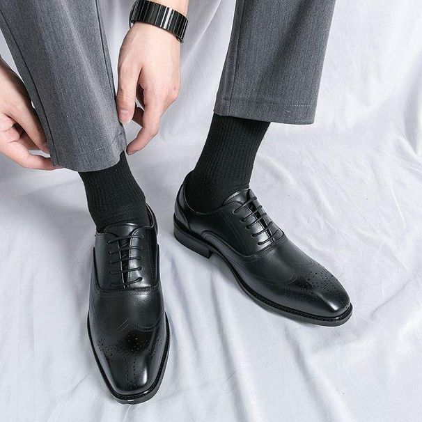 Euro Step Men's Brogue Leather Business Formal Casual Autumn Breathable Carved Oxford Wedding Pointed Derby Shoes_vogvips.com