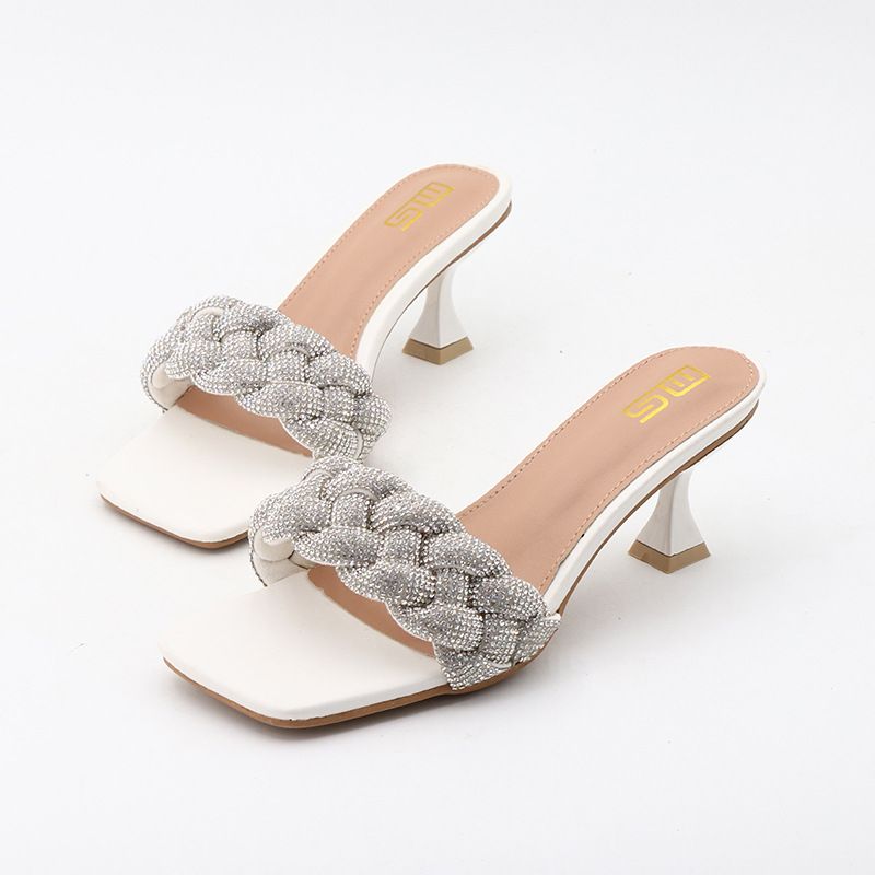 Women's Shoes Summer New Arrival Square Toe Woven Rhinestone One Shot Sandals Stiletto Heels High Heels Versatile Black Outdoor Sandals_vogvips.com