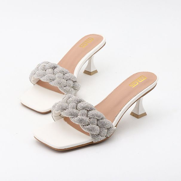 Women's Shoes Summer New Arrival Square Toe Woven Rhinestone One Shot Sandals Stiletto Heels High Heels Versatile Black Outdoor Sandals_vogvips.com