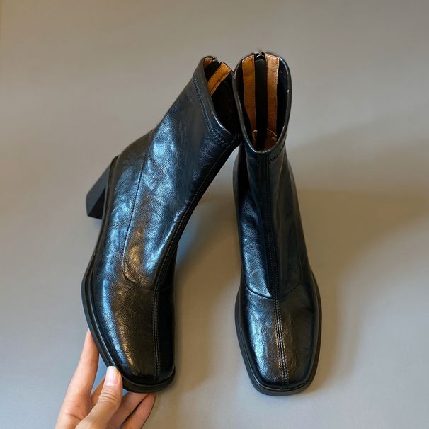 Gravity French Soft Leather Coarse Heel Short For Women 2025 Autumn/Winter New Collection With Velvet Square Head And_vogvips.com