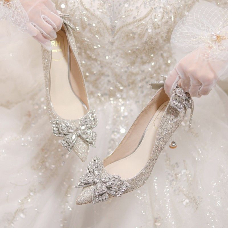 Rhinestone Bow Stiletto Single Shoes Women S Fashion Pointed Toe Shallow Mouth Slip On Non High Heels_vogvips.com