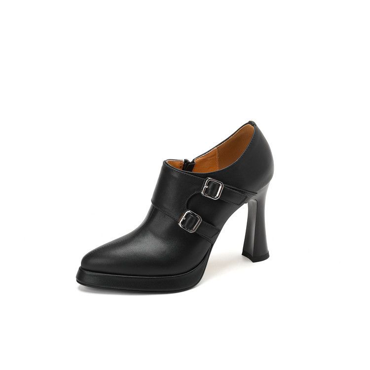 European Style Ankle Deep Mouth Single Shoes For Women Autumn Winter New Side Zipper Square Buckle Pointed High Heel_vogvips.com