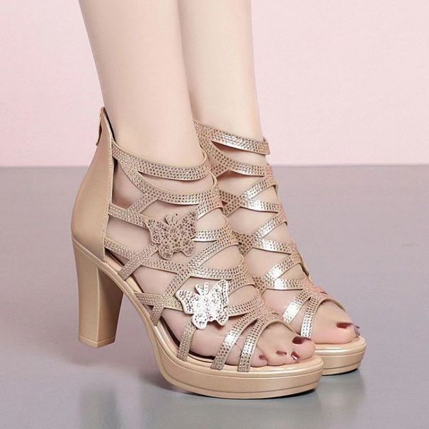 Foreign Trade Cross-border Rhinestone Breathable High-heeled Shoes With Zipper, Heel, European And American Roman Style,_vogvips.com