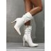 Elegant Pointed Toe White High Heel Boots With Wrinkle Detail, Slim Fit Ankle Boots For Women, Fashionable British Style_vogvips.com